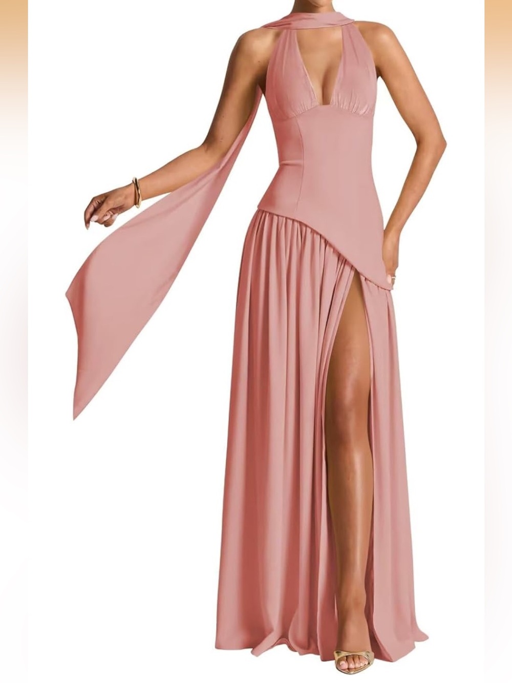 Elegant Blush Rose Pink Halter Gown with Scarf Detail
